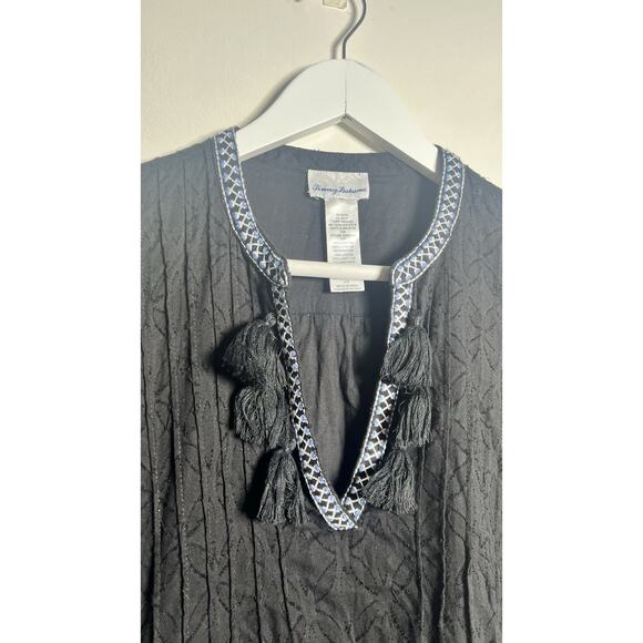 Tommy Bahama Embroidered Tassel Tunic Mini Dress Size Small Black V-Neck Cotton - Picture 5 of 7